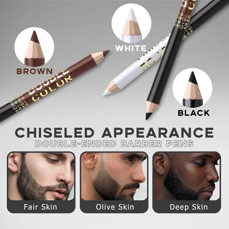 Noerrors Barber Pencil for Lineup Magic Hairline Enhancement Beard Guide Shaping Pencils for Design Razor Trace Black Brown White Barber Chalk Pencils Set with Sharpener Ruler Brush for Men - Image 3